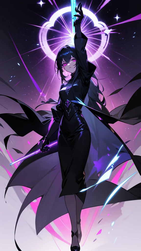 Physical characteristics: Hair: Long, shiny black, reaching to the middle of the back. I often let my hair spread out. Eyes: Deep purple, sparkling like stars on a dark night. Skin: Pale white but with a mysterious glow. Height: 170 centimeters Attire: Wears dark black robes decorated with ancient magic symbols. and wore black leather gloves weapon: Shadowblade: A long sword that glows with black light that can drain life from enemies and increase Miranda's power