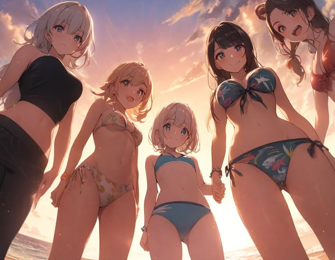 (5girls:1.1),side by side,beach,sunset,from below,swimsuit,bikini,standing,(height difference:1.3), mother and daughter, sisters,