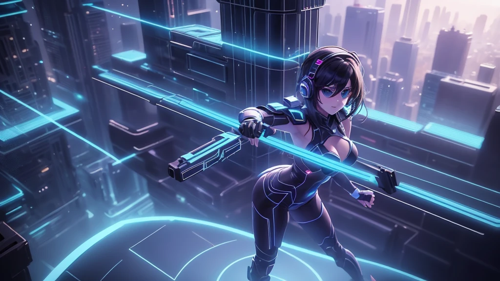 ((An aerial view of a futuristic megalopolis at dark night)), with skyscrapers reaching the clouds and flying cars driving through aerial highways. (1girl, solo, alone, photorealistic), medium-breast:1.1 slim body, cleavage, sexy clothes, (headphone, black sunglasses, medium black hair), (standing and holding pistol pose), (((half-body thigh level medium shot))), cinematic lighting, lens flare, ray tracing.