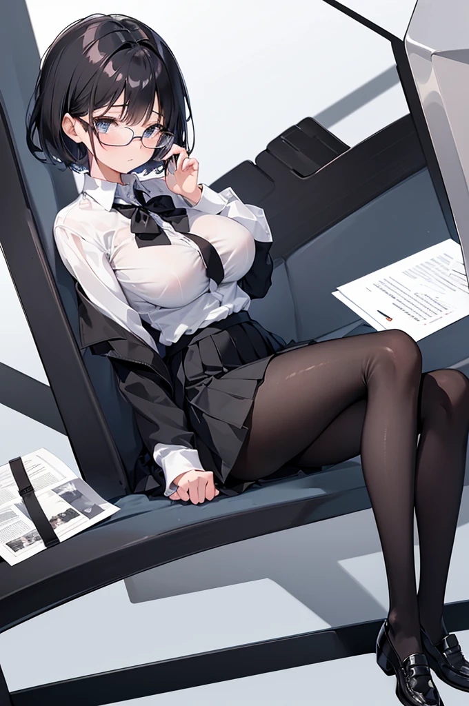 1 girl, glasses, (full body:1.2), sitting, (angle from below:1.1), (angle from the side:1.1), blush, (slim body:1.2), (huge breasts:1.3), (slender and long legs:1.1), black hair, short hair, white long sleeve shirt, pleated skirt, (black tights:1.1), black loafers,