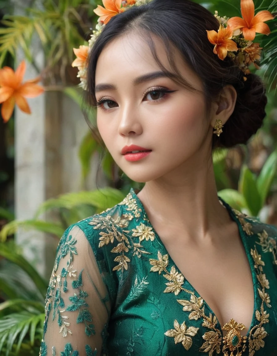 a beautiful asian woman in a graceful pose, wearing a traditional kebaya dress with an ornate floral pattern, her face showcasing extremely detailed, beautiful eyes and lips, long eyelashes, and a serene expression, adorned with elegant golden jewelry, set against a lush tropical foliage background with soft, cinematic lighting, (best quality,4k,8k,highres,masterpiece:1.2),ultra-detailed,(realistic,photorealistic,photo-realistic:1.37),HDR,UHD,studio lighting,ultra-fine painting,sharp focus,physically-based rendering,extreme detail description,professional,vivid colors, Extremely HDR, 