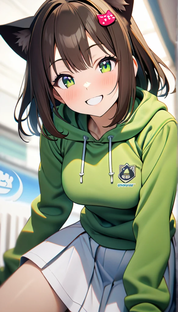 1girl,brown short straight hair,green eyes,cat ears accessory,,white blazer on top with logo,green fluffy hoodie,white skirt,perfect lean body, enthusiastic smile ,8k,high definition