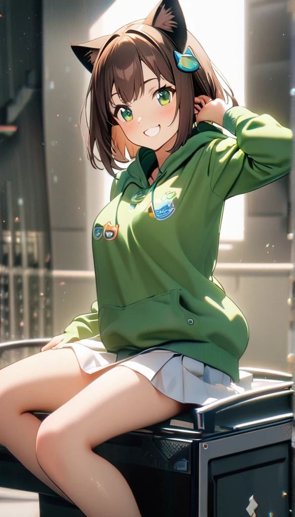 1girl,brown short straight hair,green eyes,cat ears accessory,,white blazer on top with logo,green fluffy hoodie,white skirt,perfect lean body, enthusiastic smile ,8k,high definition