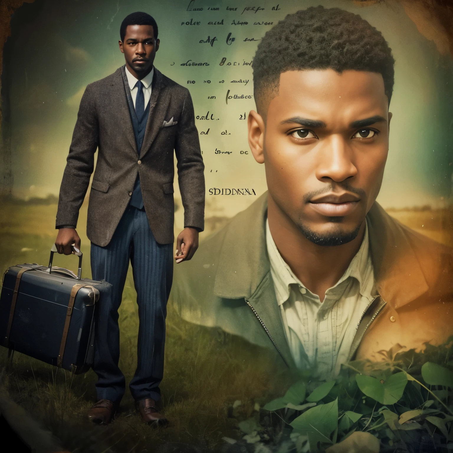 a handsome black man, standing with a suitcase in his hands, and his face enlarged to the side with a sad expression, bucolic, sad image, at the bottom of the screen there are several words written as if it were a poem. complex double exposure art by Alex Stoddard, Natalia Drepina and Brooke Shaden surreal postcard on cracked paper, extremely dynamic, unusual, vintage