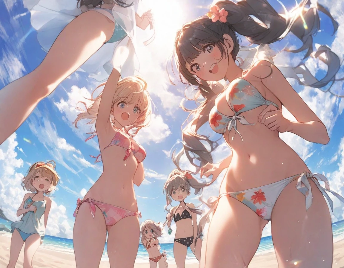 (5girls:1.1),side by side,beach,,from below,swimsuit,bikini,standing,(height difference:1.3), mother and daughter, sisters,