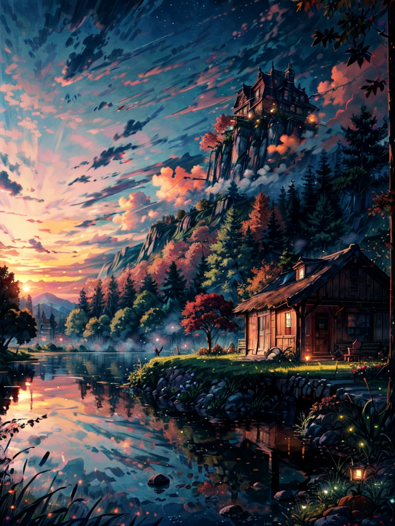 a hut surrounded by trees, line art, pretty sky, cart, shadow, shade, fall season, ghibli style, flowers, stone, lake, reflection, no humans, scenery, outdoors, sky, cloud, building, sign, house, window, plant, cloudy sky, bush, sunset, masterpiece, high resolution