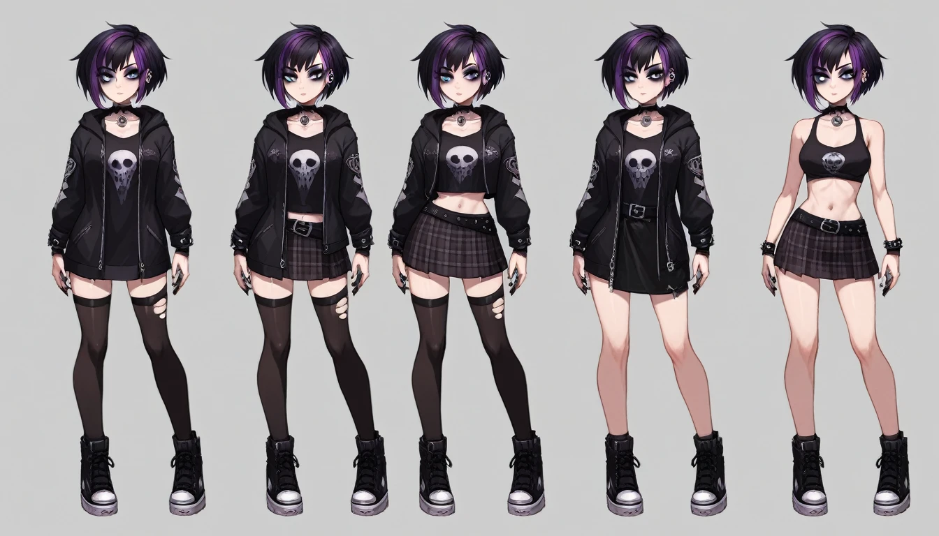 Solo, score_9,score_8_up,score_7_up, source_girl, goth girl, teenage female, black hair, goth style hair, black bike shorts, 1.3, goth makeup, fishnet, wearing goth clothes, goth, emo, goth outfit, standing, solo, full body, blue eyes, black clothes, plaid skirt is optional item (short hair), character design, character sheet, (purple highlights), Black and purple hair,