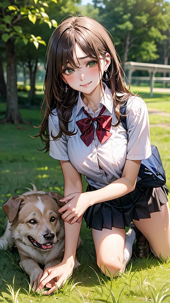 (masterpiece:1.2, top-quality), (realistic, photorealistic:1.4), beautiful illustration, (natural side lighting, movie lighting),
looking at viewer, cowboy shot, front view:0.6, 1 girl, japanese, high school girl, perfect face, cute and symmetrical face, shiny skin,
(long hair:1.8, straight hair:1.7, light brown hair), parted bangs, emerald green eyes, long eye lasher, (large breasts:0.9, thick thighs),
beautiful hair, beautiful face, beautiful detailed eyes, beautiful clavicle, beautiful body, beautiful chest, beautiful thigh, beautiful legs, beautiful fingers,
((, white collared shirts, black pleated mini skirt, black socks, brown loafers, red bow tie)), break, hoop ring earrings, pink panties, dark blue school bag, violet cardigan, break,
(beautiful scenery), evening, riverside, walking, hands on chest, (lovely smile, upper eyes), A masterpiece, top quality, highest definition, 32K, one big dog, one beautiful woman. Platinum blonde, straight hair in one length. Slit eyes, green eyes, model like, beautiful,
shirt, mini tight skirt. On all fours in a grassy field, a dog hugs the woman's back.
Woman's face, bright red, flushed,One large dog on all fours, a girl, on all fours in a grassy meadow, the dog is holding the woman from behind, close to her waist, and mating with her.
.In a grassy meadow, a girl is on all fours, and a dog is holding her from behind and holding her close at the waist.
The girl's face is bright red and flushed, her eyes are closed, her mouth is open, and she cries out.