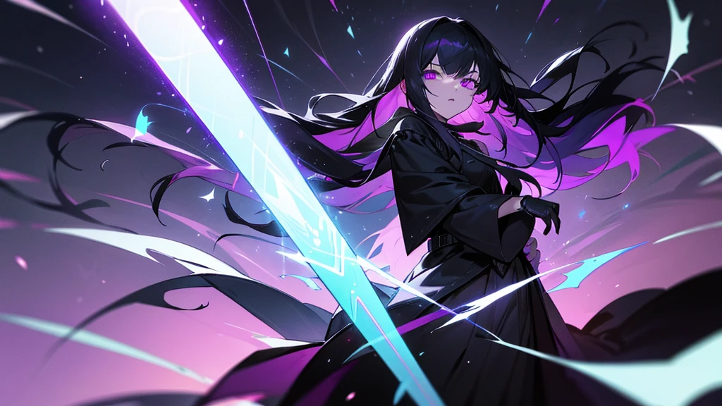 Physical characteristics: Hair: Long, shiny black, reaching to the middle of the back. I often let my hair spread out. Eyes: Deep purple, sparkling like stars on a dark night. Skin: Pale white but with a mysterious glow. Height: 170 centimeters Attire: Wears dark black robes decorated with ancient magic symbols. and wore black leather gloves weapon: Shadowblade: A long sword that glows with black light that can drain life from enemies and increase Miranda's power