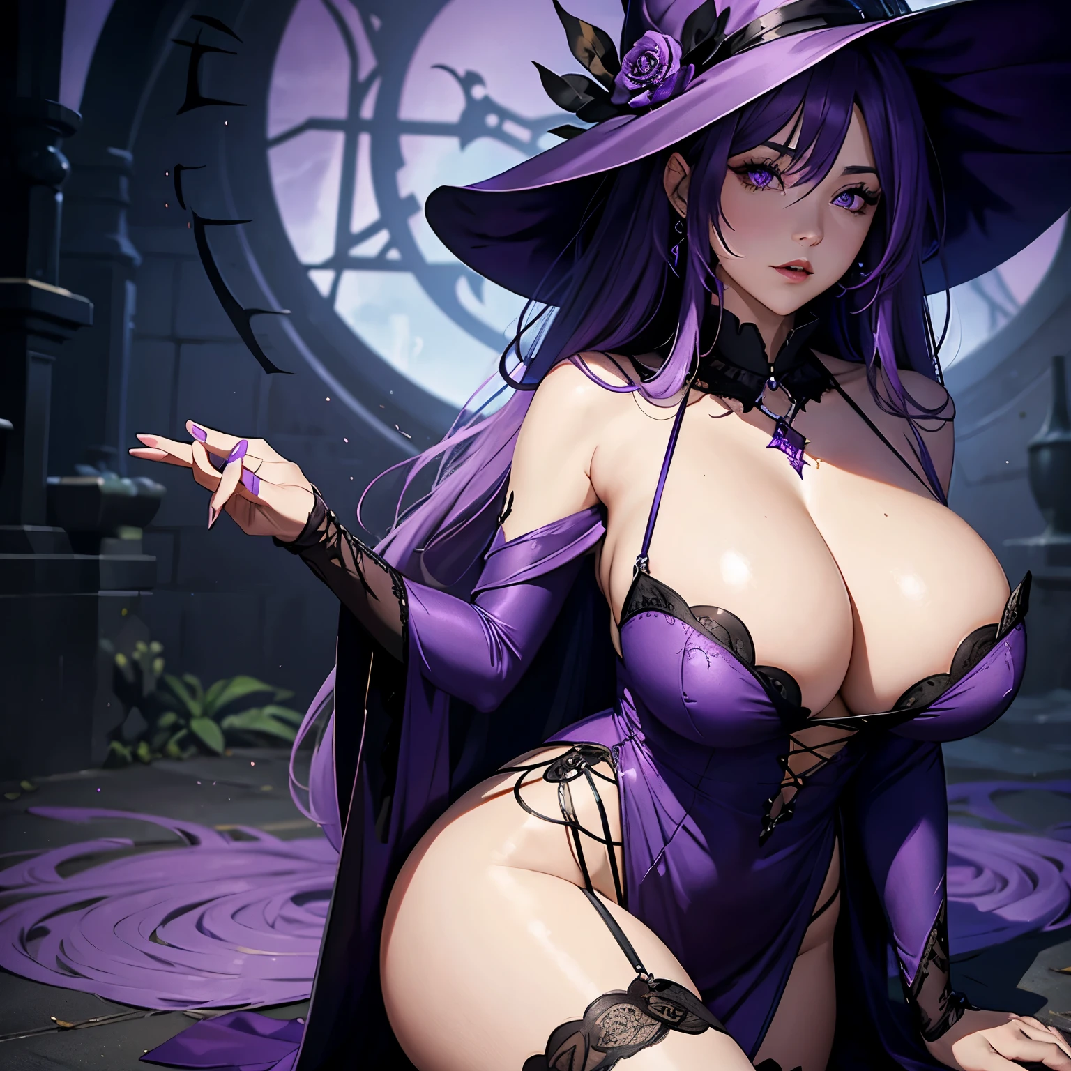 A beautiful witch with purple hair and eyes, thick high, witch hat, sexy purple dress, exposed shoulders, large breasts with cleavage.
