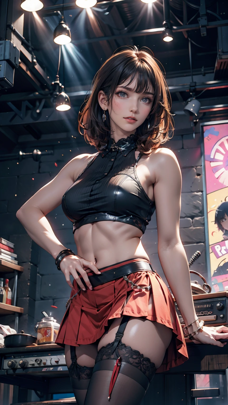 Highest quality,masterpiece,Ultra-high resolution,(Photo Real:1.4),One girl,View your viewers,Japanese women,garter belt、Garter Stockings、Punk Rock、3 women、Rock Live、Electric guitar、base、drum