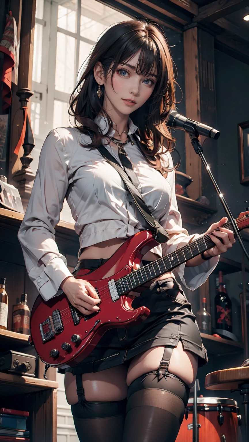 Highest quality,masterpiece,Ultra-high resolution,(Photo Real:1.4),One girl,View your viewers,Japanese women,garter belt、Garter Stockings、Punk Rock、3 women、Rock Live、Electric guitar、base、drum