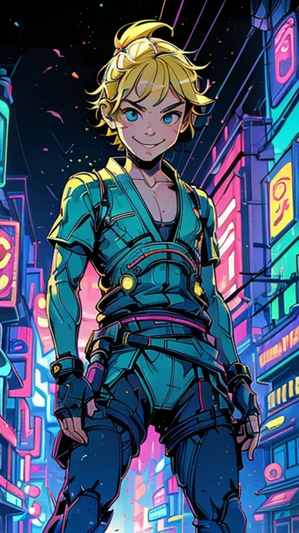 (8k),(masterpiece),(Japanese),(8-year-old boy),((innocent look)),((Childish)),From the front,smile,cute,Innocent,Kind eyes,Flat chest, Peter Pan,short,Hair blowing in the wind, Yellow Hair,Strong wind,night,dark, Neon light cyberpunk Disneyland 