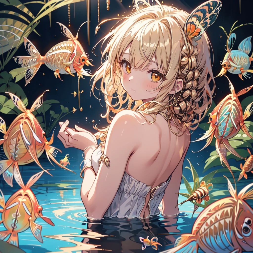 Absurd, High resolution, (Anime Style:1.1), ((Tabletop)), ((Highest quality)), (Very detailed), (beautiful), alone, beautiful face、9. Blue Reflection：A woman looking at a beautiful night view on the shore of a quiet blue pond，Her reflections are、Blending into the natural surroundings。The water surface ripples gently，Creates a sense of tranquility and clarity。12 years old、(Completely naked:1.1)、shooting star、Turn your back、(Cute bear ears)、(Golden Honey Dwarf Gourami:1.8)