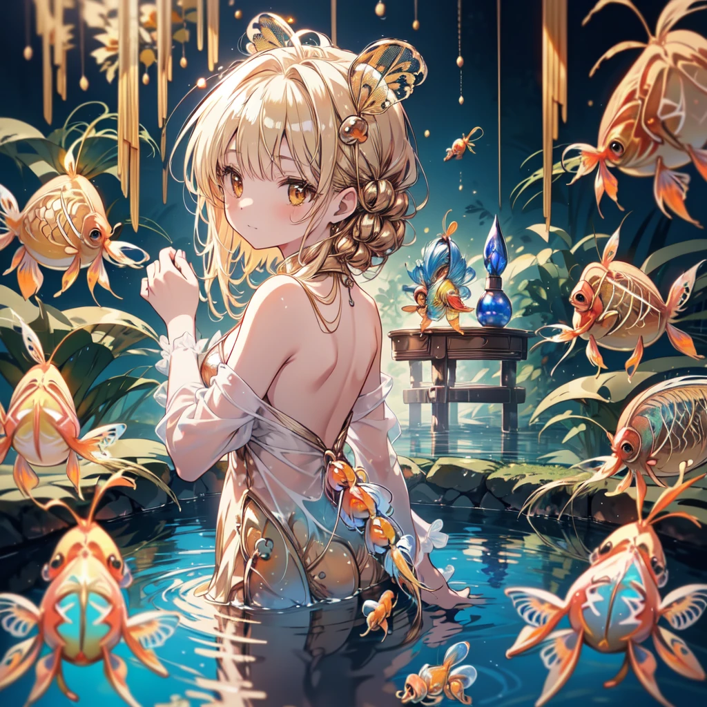 Absurd, High resolution, (Anime Style:1.1), ((Tabletop)), ((Highest quality)), (Very detailed), (beautiful), alone, beautiful face、9. Blue Reflection：A woman looking at a beautiful night view on the shore of a quiet blue pond，Her reflections are、Blending into the natural surroundings。The water surface ripples gently，Creates a sense of tranquility and clarity。、(Completely naked:1.1)、sng star、 your back、(Cute bear ears)、(Golden Honey Dwarf Gourami:1.8)