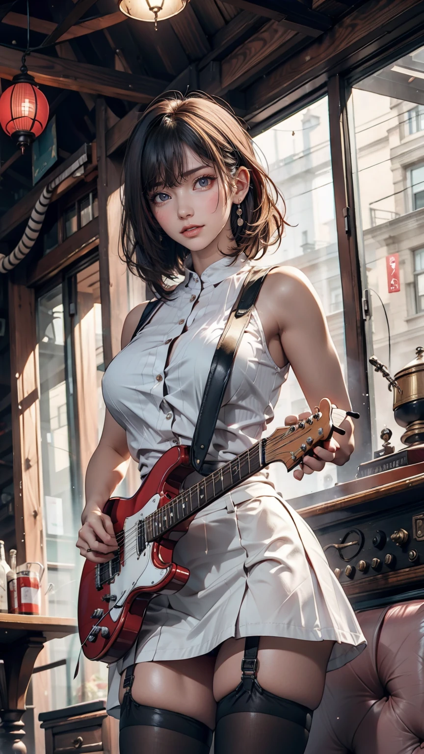 Highest quality,masterpiece,Ultra-high resolution,(Photo Real:1.4),One girl,View your viewers,Japanese women,garter belt、Garter Stockings、Punk Rock、3 women、Rock Live、Electric guitar、base、drum