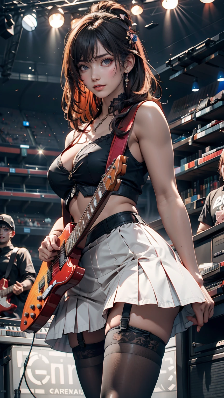 Highest quality,masterpiece,Ultra-high resolution,(Photo Real:1.4),One girl,View your viewers,Japanese women,garter belt、Garter Stockings、Punk Rock、3 women、Rock Live、Electric guitar、base、drum