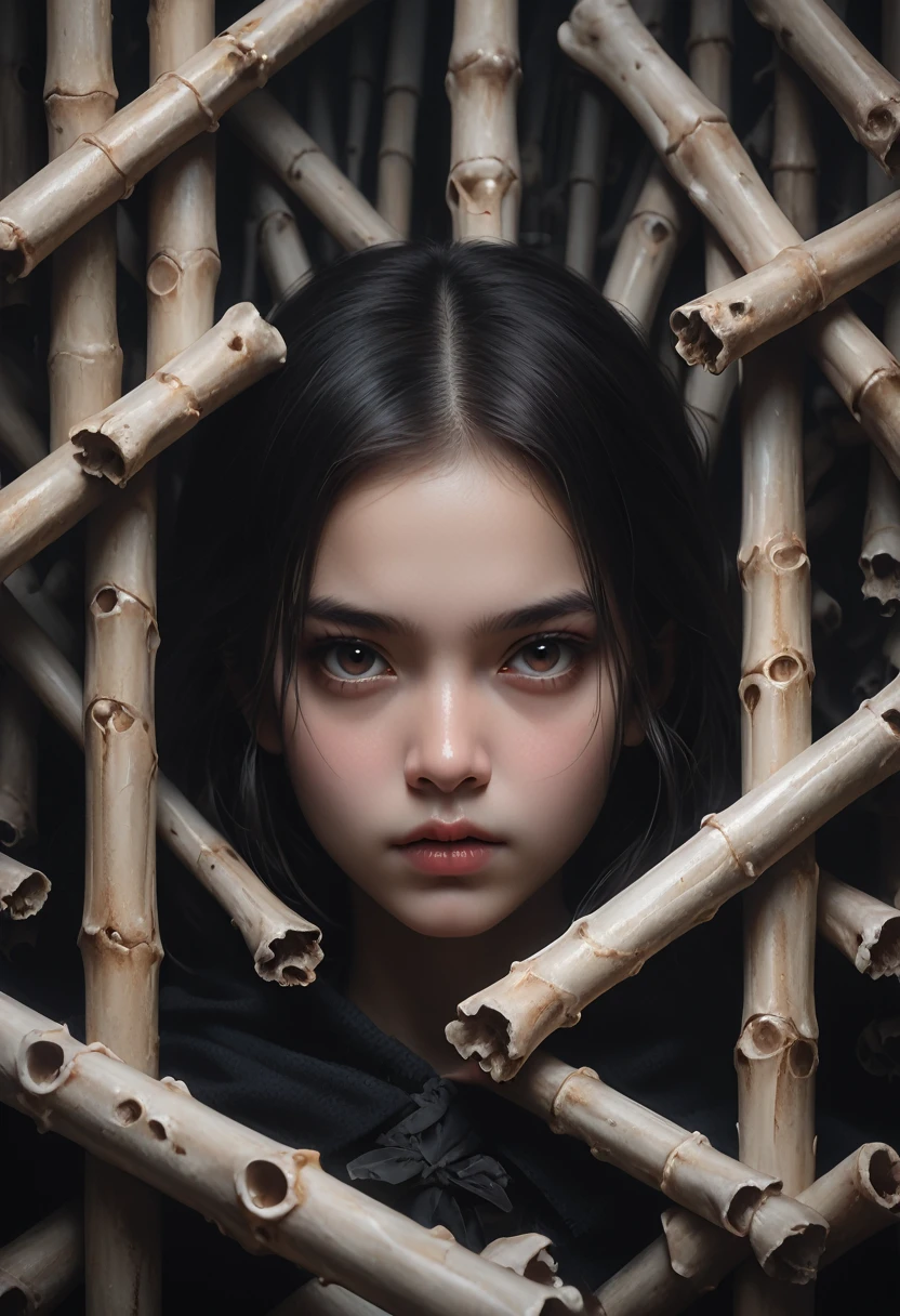 (best quality,4K,8K,highres,​masterpiece:1.2),Ultra-detail,(realisti,photorealisti,photo-realisti:1.37),Grusel,Conceptual artist,portrait,detailed scary background,Stack of bone rods,dark atmosphere,Girl with detailed facial features,Strong perspective,Facing the camera,Frame composition