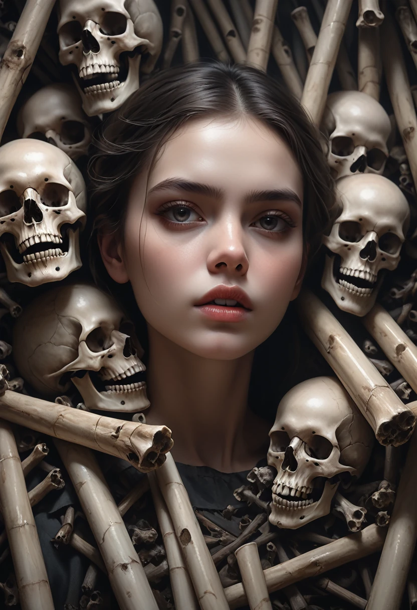 (best quality,4K,8K,highres,masterpiece:1.2),Ultra-detail,(realisti,photorealisti,photo-realisti:1.37),Grusel,Conceptual artist,portrait,detailed scary background,Stack of bone rods,dark atmosphere,Girl with detailed facial features,Strong perspective,Facing the camera,Frame composition