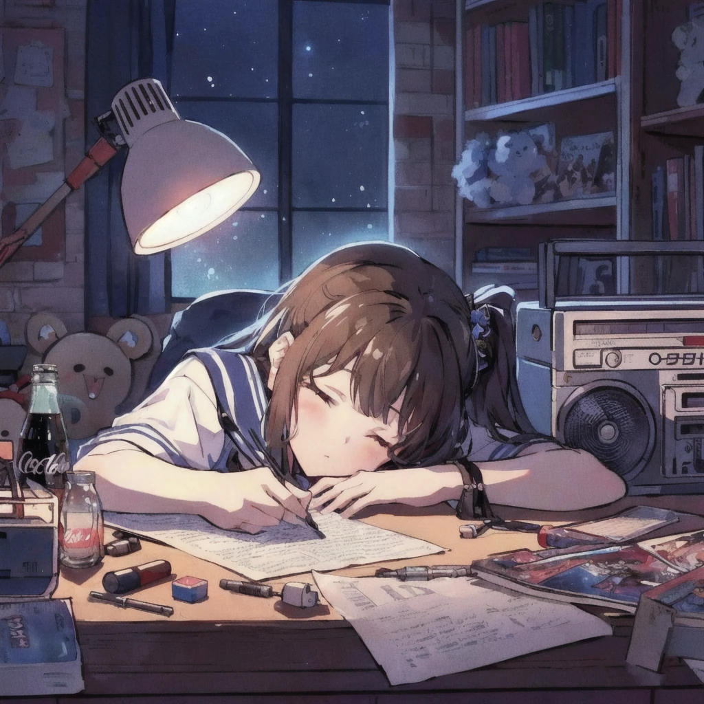 Anime girl sleeping on desk, Boombox,Coca-Cola bottle,star,stuffed toy,Bookshelf,Nightcore, Anime Art Wallpapers 8K, Anime Aesthetics, anime art wallpaper 4k, anime art wallpaper 4k, 4k anime wallpaper, Makoto Shinkai Cyril Rolland, 80s anime style, 4K Manga Wallpapers, Lo-fi art style, anime wallpaper 4k, anime wallpaper 4k, Anime Background