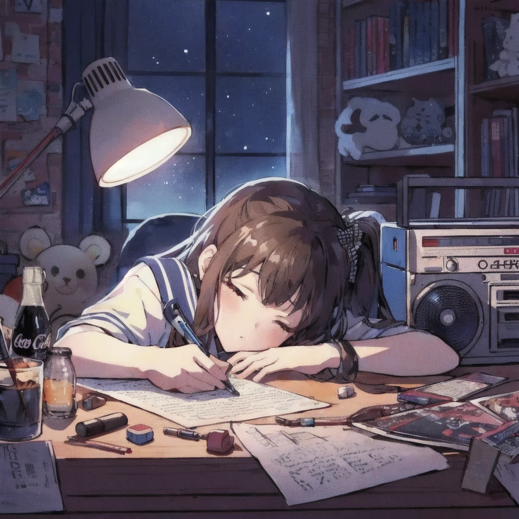 Anime girl sleeping on desk, Boombox,Coca-Cola bottle,star,stuffed toy,Bookshelf,Nightcore, Anime Art Wallpapers 8K, Anime Aesthetics, anime art wallpaper 4k, anime art wallpaper 4k, 4k anime wallpaper, Makoto Shinkai Cyril Rolland, 80s anime style, 4K Manga Wallpapers, Lo-fi art style, anime wallpaper 4k, anime wallpaper 4k, Anime Background