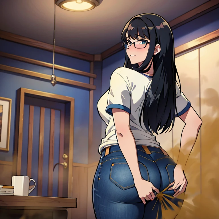 solo,1girl,black hair ,blues eyes ,tareme, hair bang, long hair,gleaming skin,glasses, oversized tshirt, blue jeans, massive fart, farting, blush, lifting ass, clenching teeth, alone in a room