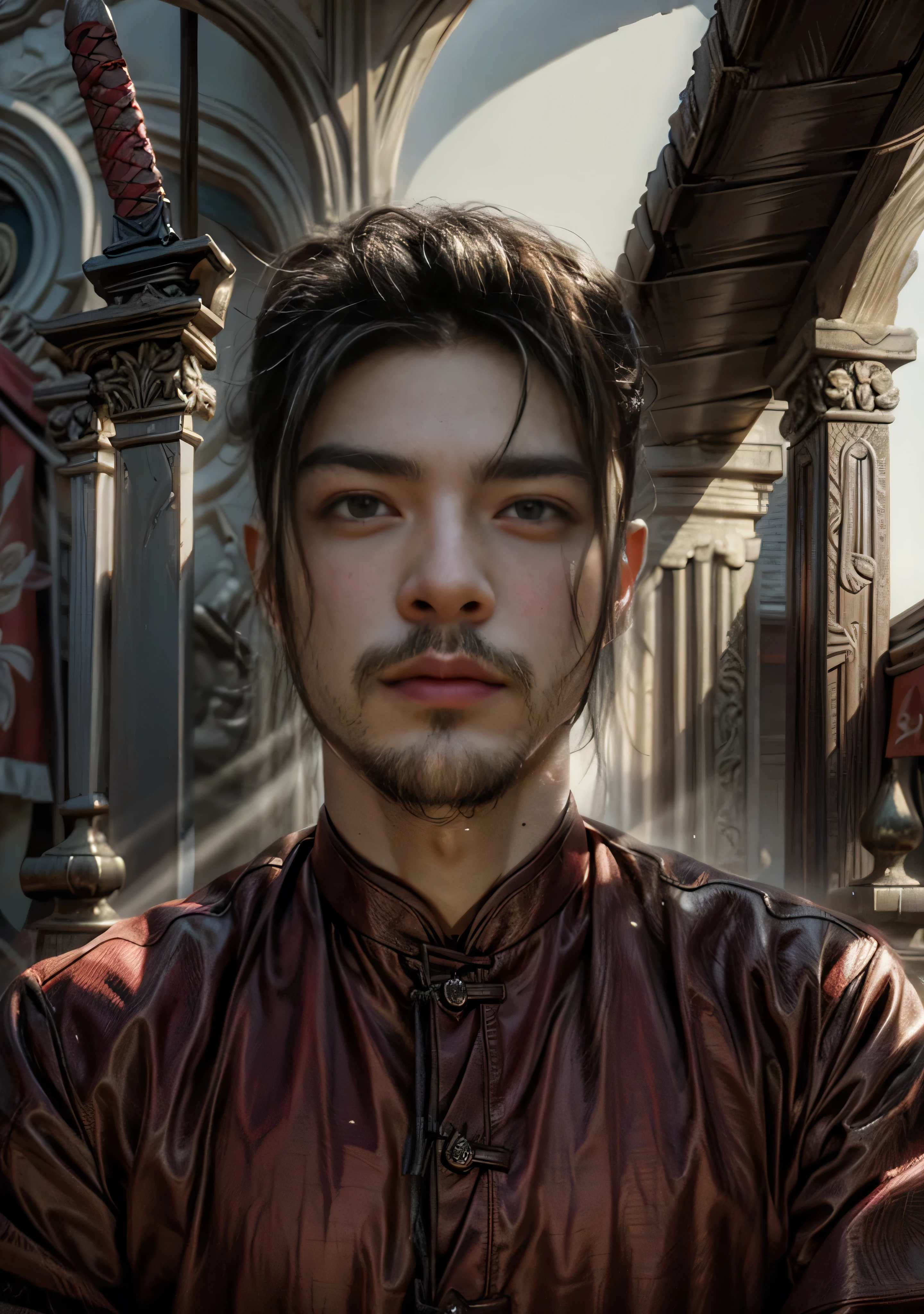 ((Masterpiece, Top Quality, High Resolution, Photorealistic, Raw, 8K wallpaper)), A male swordsman in Chinese clothes, Hero of the Three Kingdoms, (A large sword is held in both hands), He has black hair tied back, wears iron armor and a red cape, Surrounded by enemy soldiers with a burning city in the background,