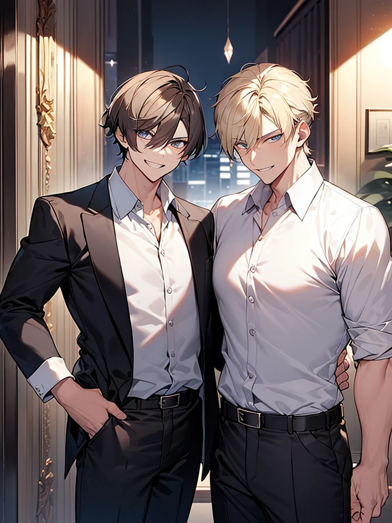 Cowboy Shot、I have one photo:1.3、Ugly man、Villain、night、Apartment room、He has a bad appearance、Dark circles under the eyes:1.3、Grinning、Lean and muscular、Short-cropped blonde hair、White collared shirt、Black suit
