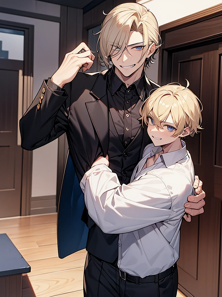 Cowboy Shot、I have one photo:1.3、Ugly man、Villain、night、Apartment room、He has a bad appearance、Dark circles under the eyes:1.3、Grinning、Lean and muscular、Short-cropped blonde hair、White collared shirt、Black suit