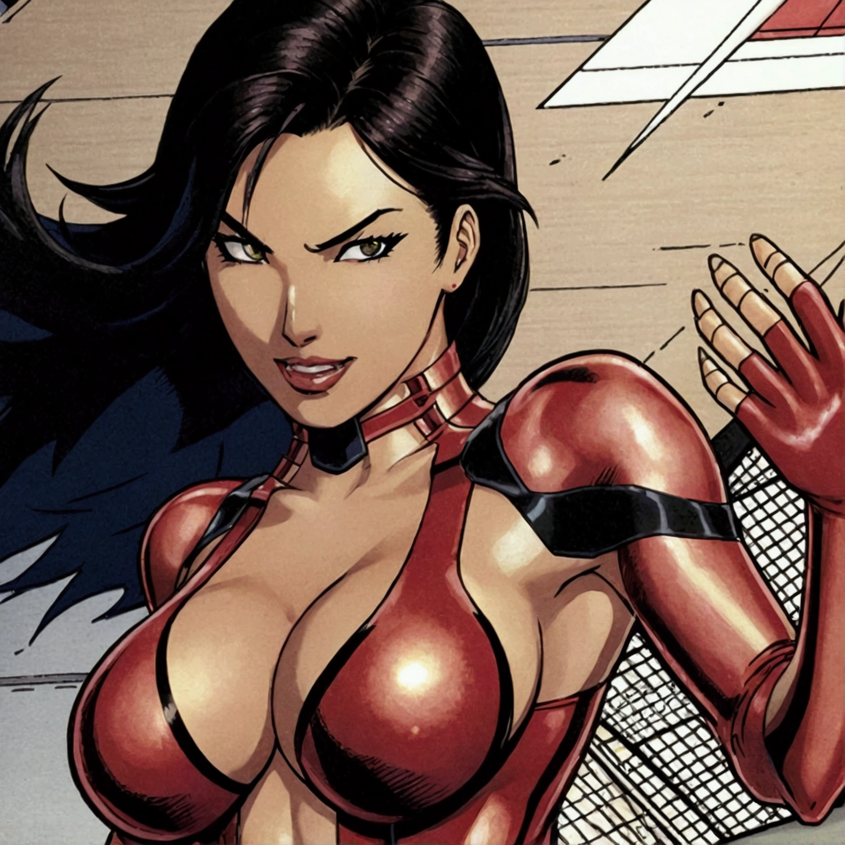 Doomsday Harem,1 girl,wide,black fur,hits,Straight hair,swollen lips,Painted lips, thick lips,reveal cleavage, erotic, SMILE,Hitomi Tanaka&#39;s chest.,huge breasts,Sister,shirt,Teachings,30 years,sweat,shiny skin