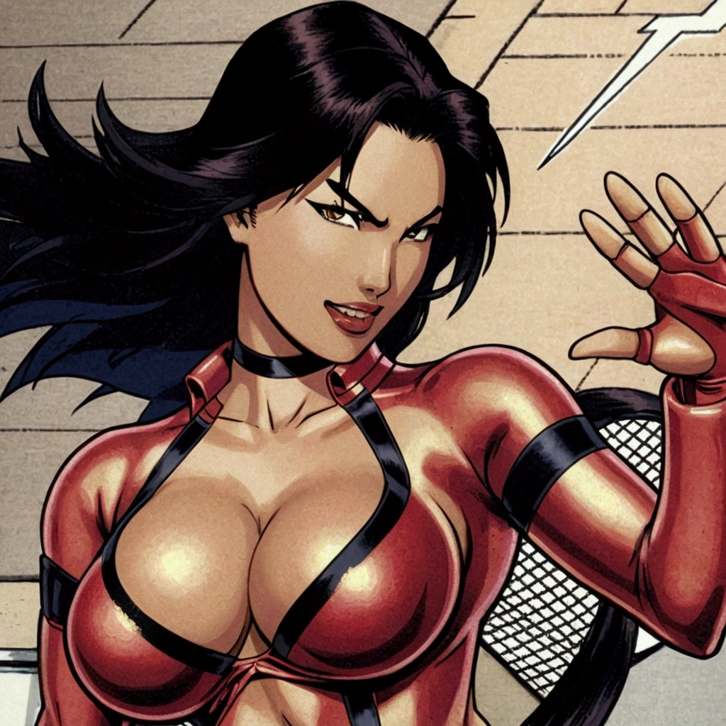 Doomsday Harem,1 girl,wide,black fur,hits,Straight hair,swollen lips,Painted lips, thick lips,reveal cleavage, erotic, SMILE,Hitomi Tanaka&#39;s chest.,huge breasts,Sister,shirt,Teachings,30 years,sweat,shiny skin