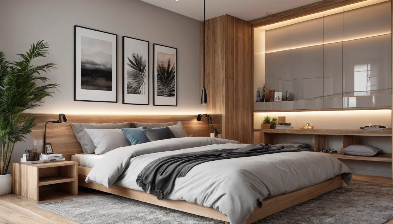 The best quality,4k,8k,High Resolutions,Masterpiece:1.2),ultra detailed,(realist,fotorrealist,fotorrealist:1.37), HDR, UHD, Studio lighting, ultrafine paint, sharp focus, physically based representation, extreme detail description, professional, vivid colors, bokeh, Gray modern style bedroom, minimalist, cozy atmosphere, slick design, clean lines, natural lighting, Floor to ceiling windows, spacious, Comfortable bed, Soft gray bedding, plush pillows, Elegant wooden furniture, geometrical forms, abstract illustrations, Contemporary décor, Monochrome color scheme, dull tones, bursts of color, accent wall, textured painted paper, warm lighting, Ambient lights, Pendant lamps, wooden floors, wooden ceiling, neutral tones, decorative plants, Interior vegetation, cozy rug, Reading corner, big mirror, reflective surfaces, Stylish dressing table, organized closet, Natural Materials, serene environment.