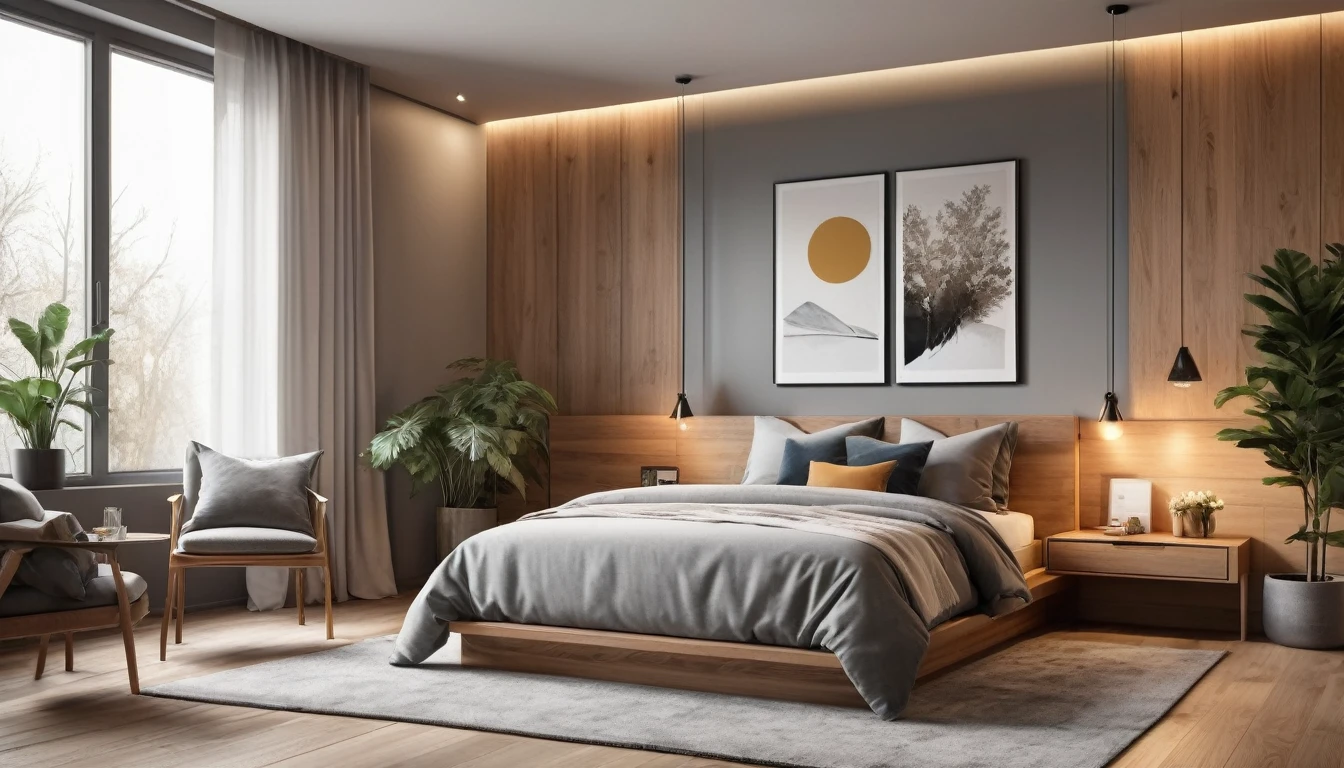 The best quality,4k,8k,High Resolutions,Masterpiece:1.2),ultra detailed,(realist,fotorrealist,fotorrealist:1.37), HDR, UHD, Studio lighting, ultrafine paint, sharp focus, physically based representation, extreme detail description, professional, vivid colors, bokeh, Gray modern style bedroom, minimalist, cozy atmosphere, slick design, clean lines, natural lighting, Floor to ceiling windows, spacious, Comfortable bed, Soft gray bedding, plush pillows, Elegant wooden furniture, geometrical forms, abstract illustrations, Contemporary décor, Monochrome color scheme, dull tones, bursts of color, accent wall, textured painted paper, warm lighting, Ambient lights, Pendant lamps, wooden floors, wooden ceiling, neutral tones, decorative plants, Interior vegetation, cozy rug, Reading corner, big mirror, reflective surfaces, Stylish dressing table, organized closet, Natural Materials, serene environment.