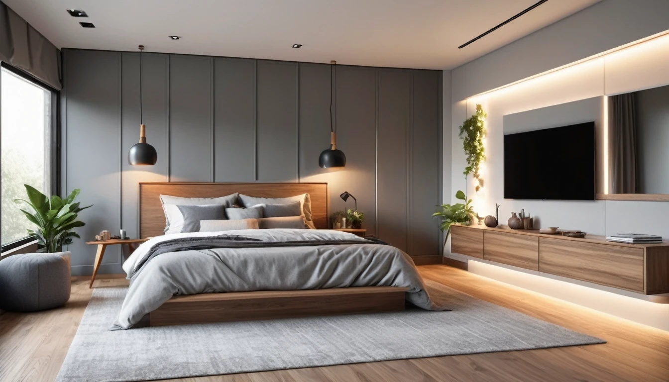 The best quality,4k,8k,High Resolutions,Masterpiece:1.2),ultra detailed,(realist,fotorrealist,fotorrealist:1.37), HDR, UHD, Studio lighting, ultrafine paint, sharp focus, physically based representation, extreme detail description, professional, vivid colors, bokeh, Gray modern style bedroom, minimalist, cozy atmosphere, slick design, clean lines, natural lighting, Floor to ceiling windows, spacious, Comfortable bed, Soft gray bedding, plush pillows, Elegant wooden furniture, geometrical forms, abstract illustrations, Contemporary décor, Monochrome color scheme, dull tones, bursts of color, accent wall, textured painted paper, warm lighting, Ambient lights, Pendant lamps, wooden floors, wooden ceiling, neutral tones, decorative plants, Interior vegetation, cozy rug, Reading corner, big mirror, reflective surfaces, Stylish dressing table, organized closet, Natural Materials, serene environment.