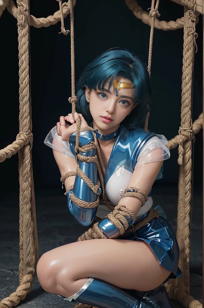 Put your arms behind your back, ((腕をTied up, inhibition, (((rope))), Tied up)), Frightened face, Highest quality，masterpiece，Ultra-high resolution, Very detailed, 8K，(Beautiful woman)，One person，30 years old, ((Sailor Mercury)), ((Blue sailor collar, Very tight and shiny uniform, length white latex gloves,Beautiful female hand in white latex gloves,Shiny Blue Latex Knee High Boots, Stiletto heels,Blue choker、Blue gloves on elbows, shiny blue skirt, Gold tiara on forehead,Earrings,Fine Gold Jewelry)), (Facial details, Bright Blue Eyes, Beautiful Face, Beautiful Eyes, Shining Eyes, thin lips, thin, sharp, thin眉毛, length, Black eyelashes, length and thick lower eyelashes, double eyelid, Fluffy blue hair), skinny, Large Breasts, Perfect proportions, Tight waist, Pores are visible, Beautiful, shiny dark blue hair, Perfect hands, Close fitting high gloss holographic leather,Octane Rendering