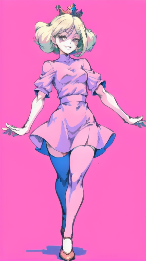 Full body image of Lola Loud from The Loud House, full body in image, wearing her original outfit (pink dress, tiara), blonde hair in curls, female body, small and graceful body, dynamic pose, detailed pose, simple background, expressive face showing a confident smile, focus on face, line art, sketch