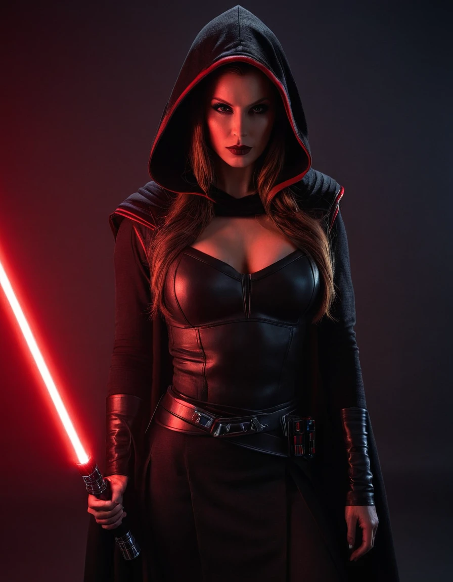 professional photograph of a 31 year old model, by Peter Hegre, photography studio,__perspective__, beautiful evil slavic muscular woman, pale skin, long hair, Sith Lord, cute face, red skin, fit body, holding one red light saber in her hand, wearing a black crop top with a hood:1.4, black skirt, darth talon:0.7, at the starship, cozy, Star Wars, j j abrams, photorealistic, sharp focus, depth of field, vogue magazine, fashion photo, cinematic lighting, rim light, cozy:1.2, neon