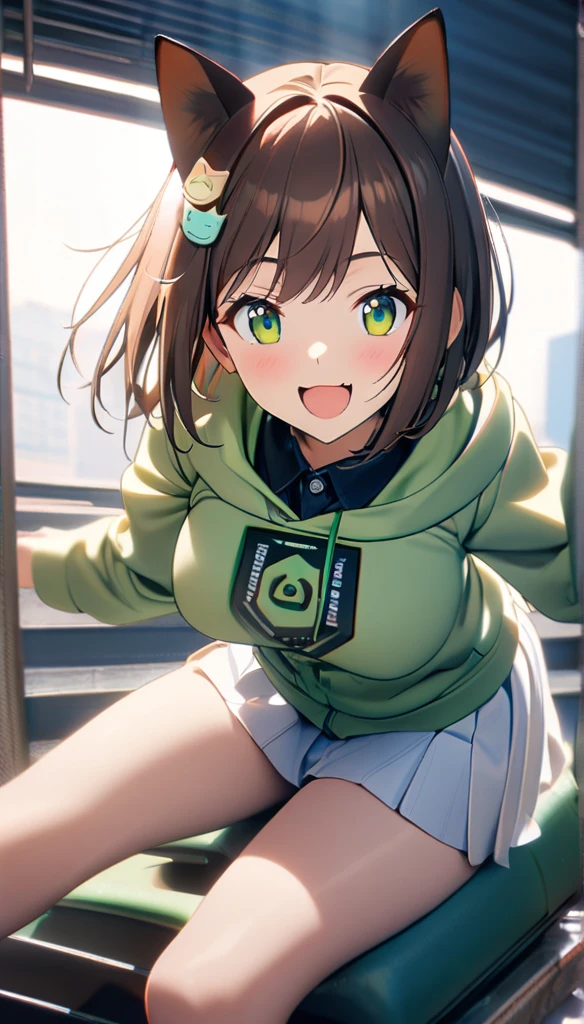 1girl,brown short straight hair,green eyes,cat ears accessory,,white blazer on top with logo,green fluffy hoodie,white skirt,perfect lean body, enthusiastic smile ,8k,high definition ,cat spirit
