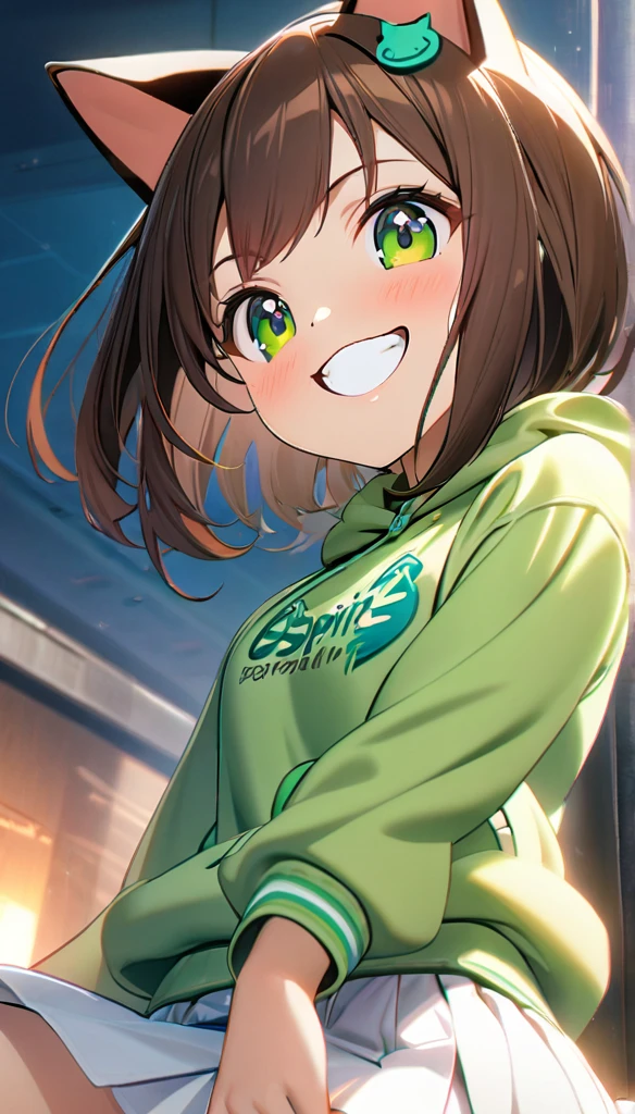 1girl,brown short straight hair,green eyes,cat ears accessory,,white blazer on top with logo,green fluffy hoodie,white skirt,perfect lean body, enthusiastic smile ,8k,high definition ,cat spirit