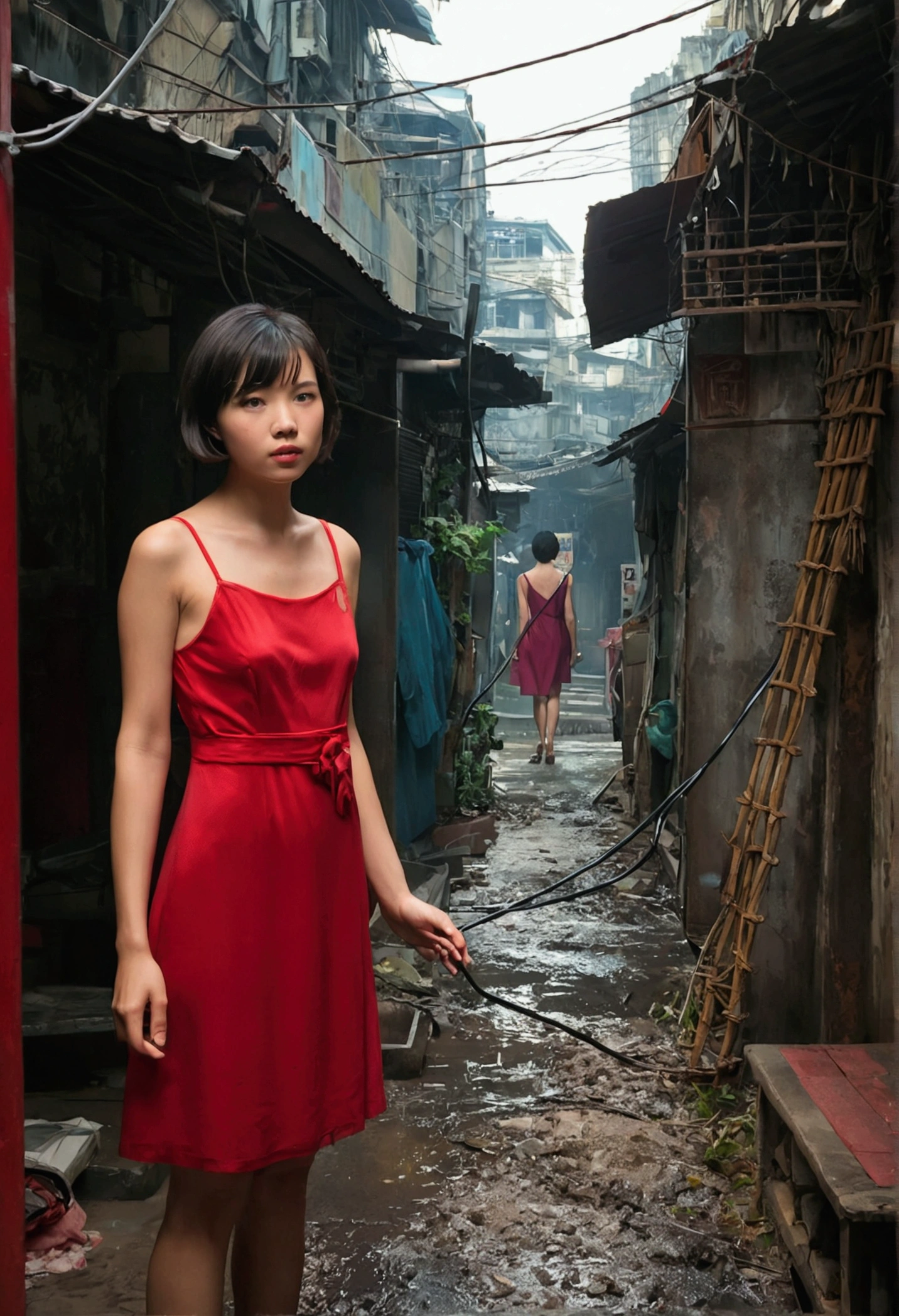 Kowloon City、Backstreets、(Wet ground)、((Delicate depiction))、pipe、duct、electric wire、signboard、plein air, 青いnull, short hair, One girl in a red dress、((Beautiful girl))、null, Looking at the audience, Moody lighting,