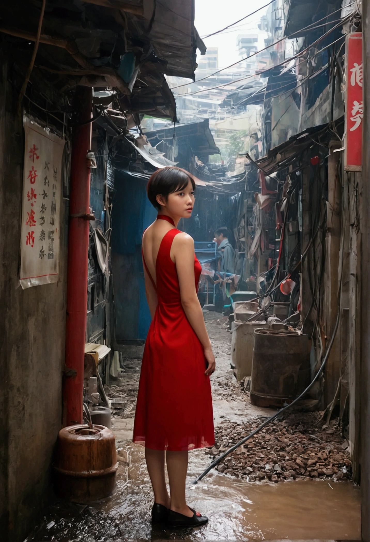 Kowloon City、Backstreets、(Wet ground)、((Delicate depiction))、pipe、duct、electric wire、signboard、plein air, 青いnull, short hair, One girl in a red dress、((Beautiful girl))、null, Looking at the audience, Moody lighting,