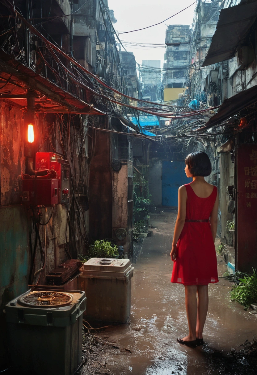 Kowloon City、Backstreets、(Wet ground)、((Delicate depiction))、pipe、duct、electric wire、signboard、plein air, 青いnull, short hair, One girl in a red dress、((Beautiful girl))、null, Looking at the audience, Moody lighting,