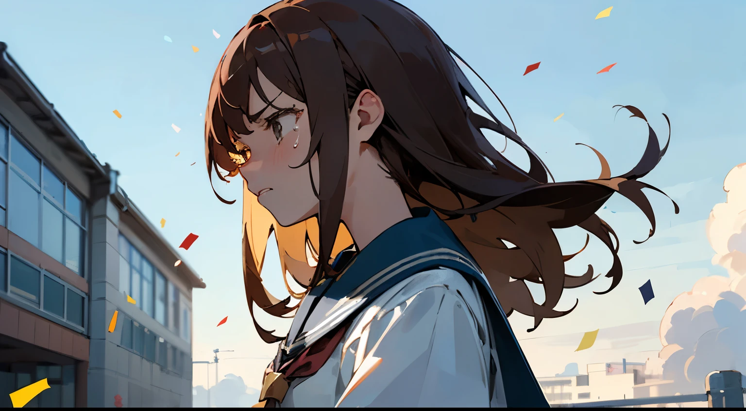 ((Highest quality)), ((masterpiece)), ((Very detailed)),Girl,Angry expression,Confetti,Brown Hair,Blue sky and clouds,Tears on my cheeks,profile,student,School building,Looks down