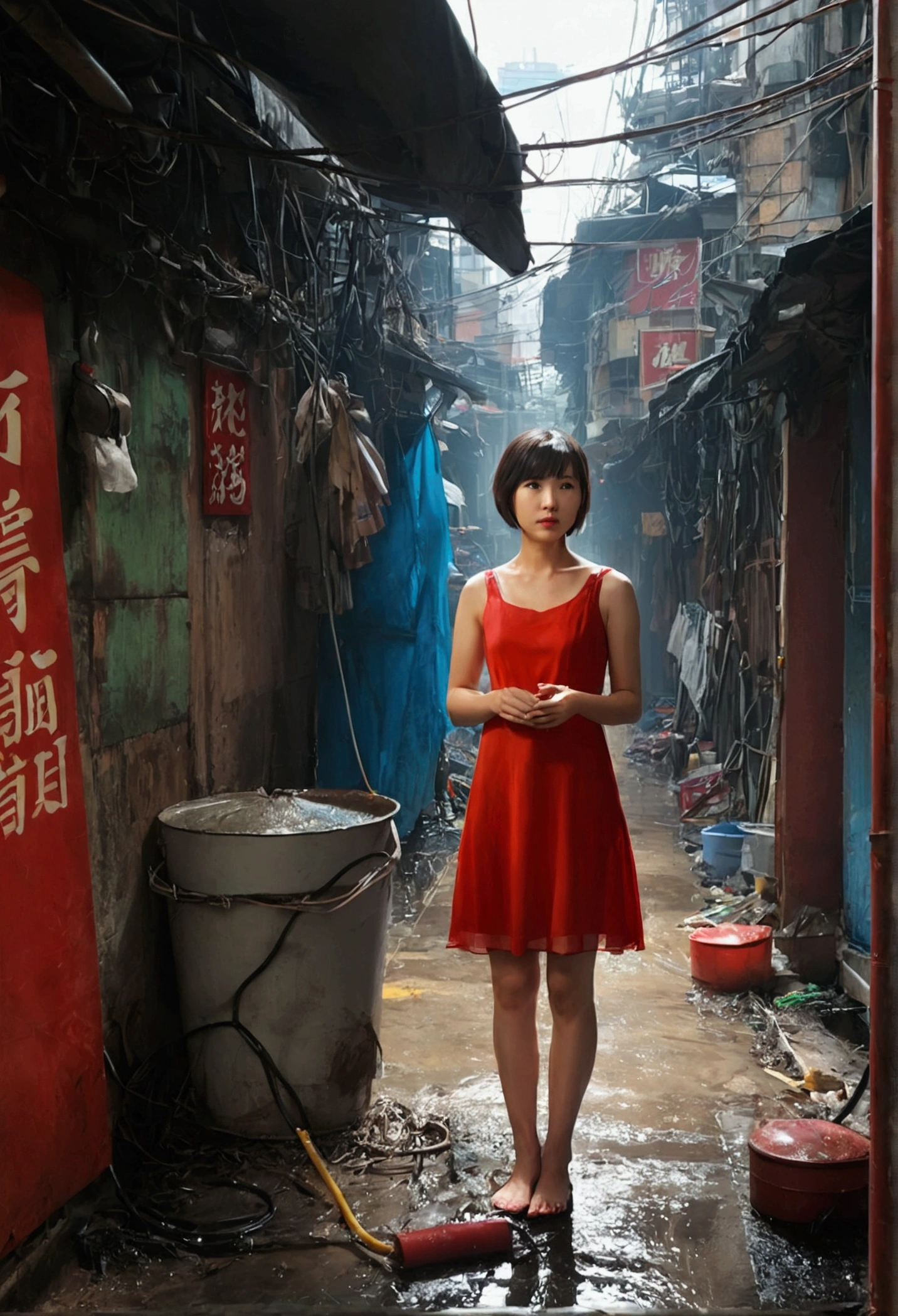 Kowloon City、Backstreets、(Wet ground)、((Delicate depiction))、pipe、duct、electric wire、signboard、plein air, 青いnull, short hair, One girl in a red dress、((Beautiful girl))、null, Looking at the audience, Moody lighting,