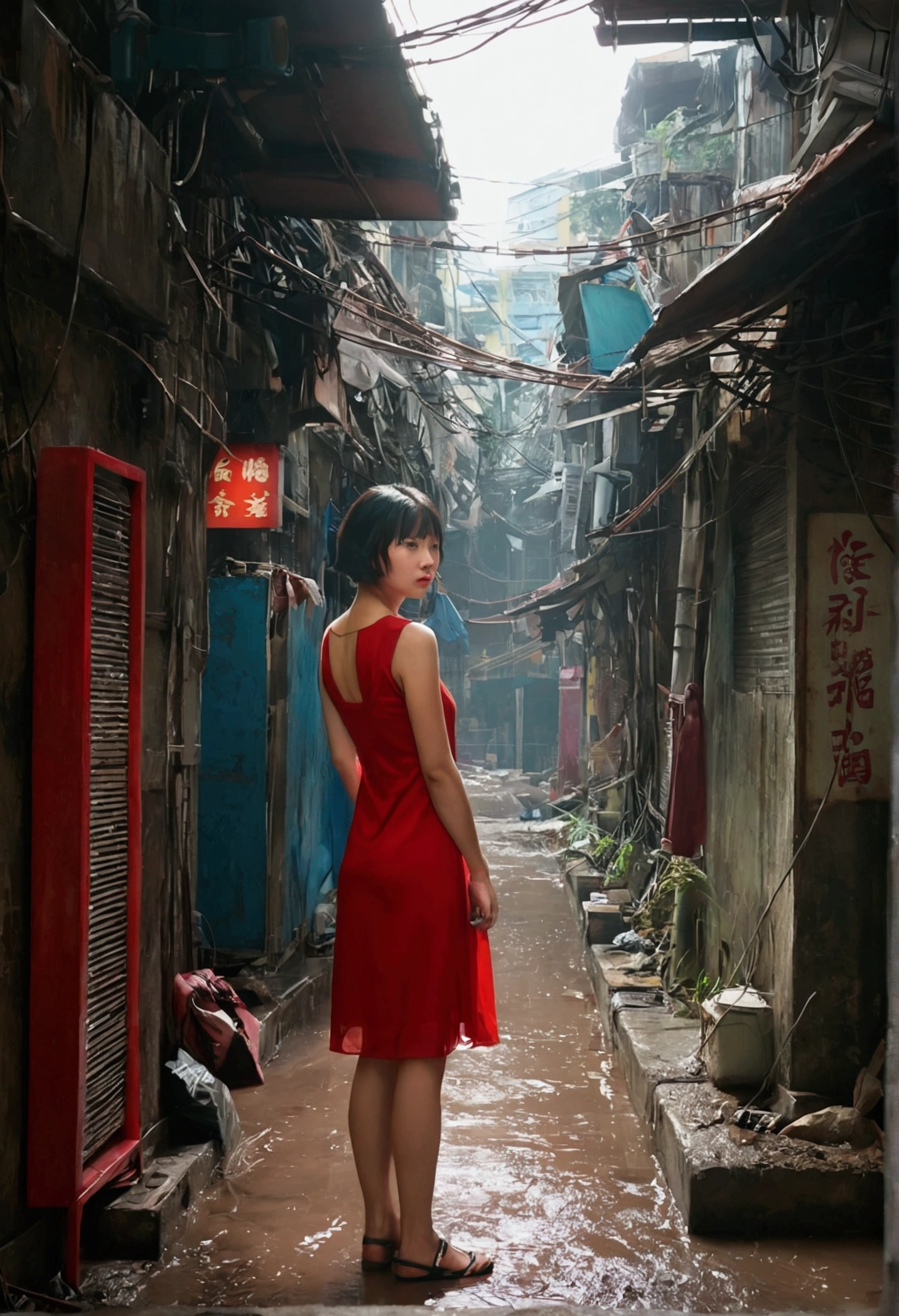 Kowloon City、Backstreets、(Wet ground)、((Delicate depiction))、pipe、duct、electric wire、signboard、plein air, 青いnull, short hair, One girl in a red dress、((Beautiful girl))、null, Looking at the audience, Moody lighting,