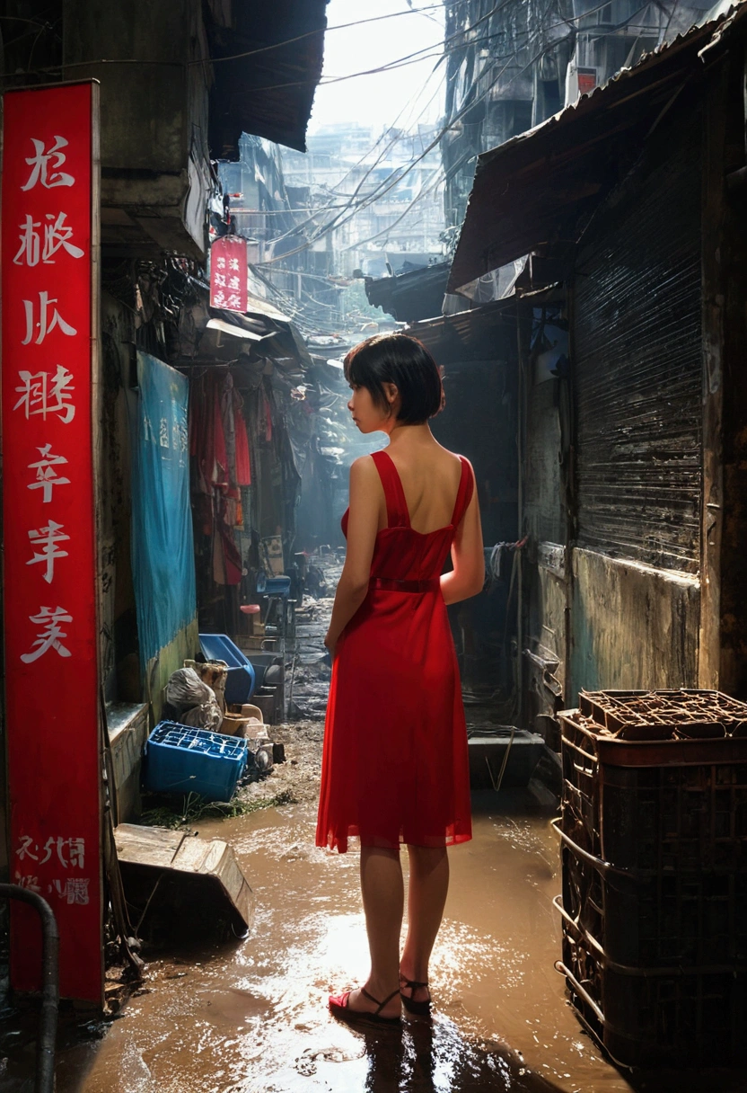 Kowloon City、Backstreets、(Wet ground)、((Delicate depiction))、pipe、duct、electric wire、signboard、plein air, 青いnull, short hair, One girl in a red dress、((Beautiful girl))、null, Looking at the audience, Moody lighting,