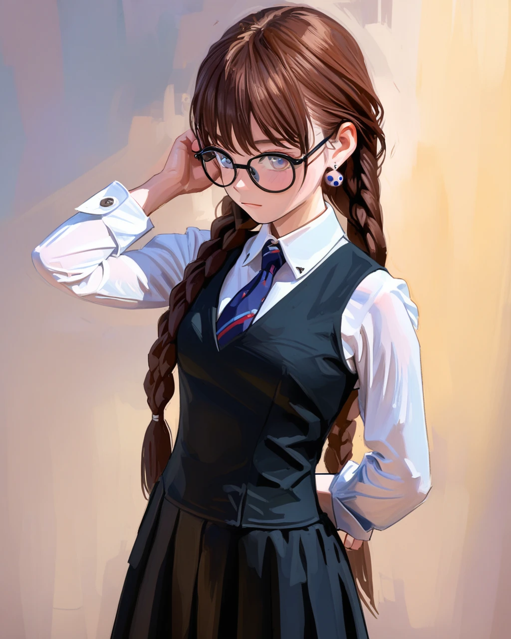 masterpiece,best quality,4K,8K,teenage,oil painting \(medium\),fkey70,
1girl,solo,arm behind back,arms at sides,looking at viewer,
standing,brown hair,
braids,earrings,blue eyes,glasses,
collared shirt,long sleeves,black skirt,
simple background,
upper body,