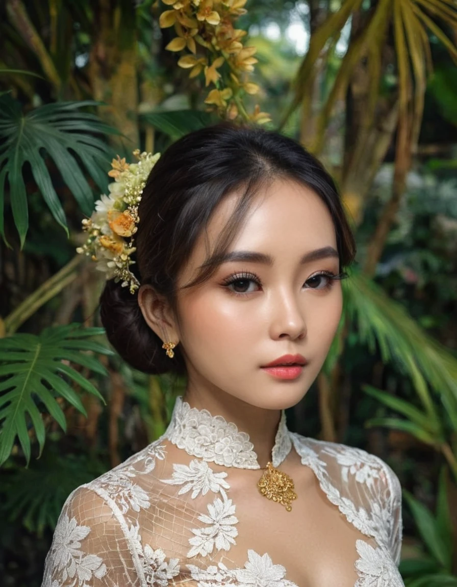 a beautiful asian woman in a graceful pose, wearing a traditional high neck line collar kebaya dress with an ornate floral pattern, her face showcasing extremely detailed, beautiful eyes and lips, long eyelashes, and a serene expression, adorned with elegant golden jewelry, set against a lush tropical foliage background with soft, cinematic lighting, (best quality,4k,8k,highres,masterpiece:1.2),ultra-detailed,(realistic,photorealistic,photo-realistic:1.37),HDR,UHD,studio lighting,ultra-fine painting,sharp focus,physically-based rendering,extreme detail description,professional,vivid colors, Extremely HDR, 