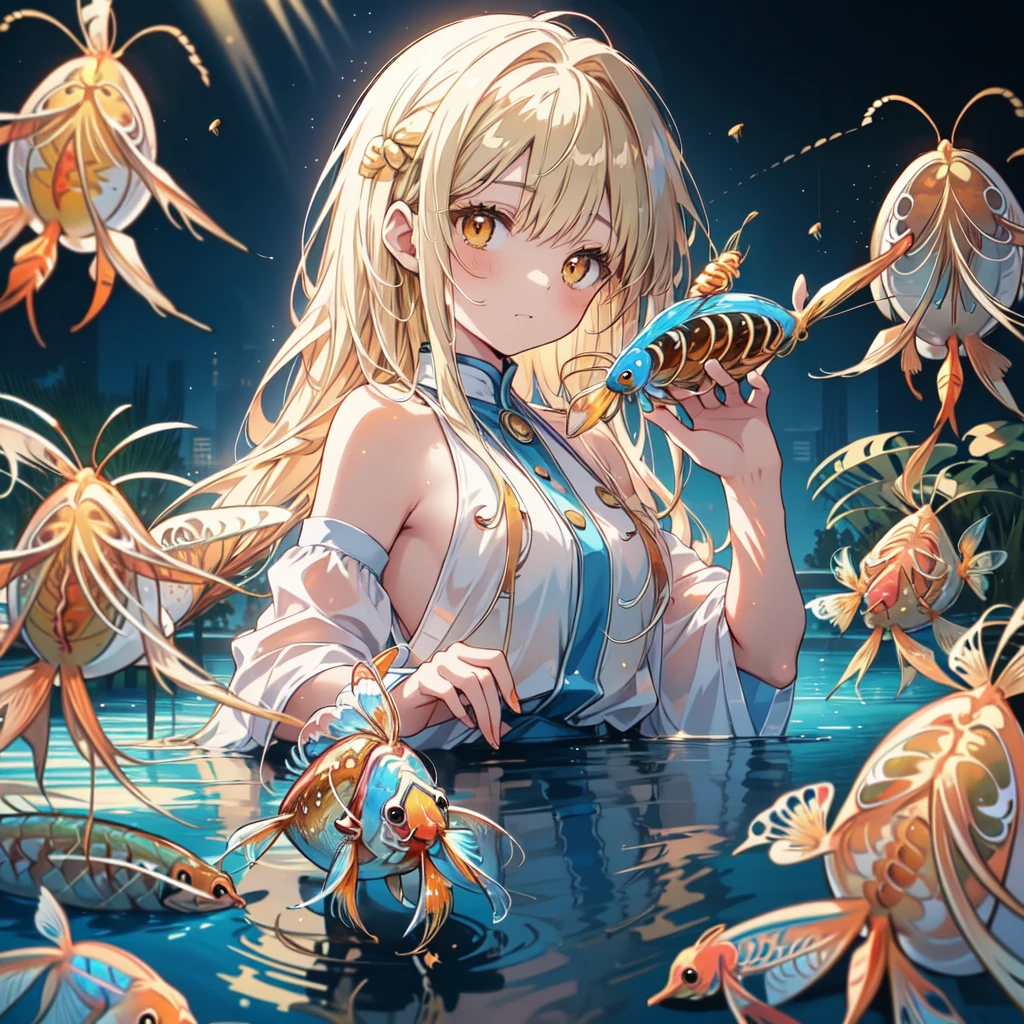 Absurd, High resolution, (Anime Style:1.1), ((Tabletop)), ((Highest quality)), (Very detailed), (beautiful), alone, beautiful face、9. Blue Reflection：A woman looking at a beautiful night view on the shore of a quiet blue pond，Her reflections are、Blending into the natural surroundings。The water surface ripples gently，Creates a sense of tranquility and clarity。12 years old、(Completely naked:1.1)、shooting star、Turn your back、(Cute bear ears)、(Golden Honey Dwarf Gourami:1.8)