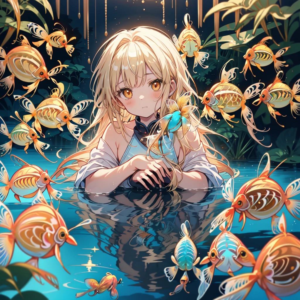 Absurd, High resolution, (Anime Style:1.1), ((Tabletop)), ((Highest quality)), (Very detailed), (beautiful), alone, beautiful face、9. Blue Reflection:A woman looking at a beautiful night view on the shore of a quiet blue pond,Her reflections are、Blending into the natural surroundings。The water surface ripples gently,Creates a sense of tranquility and clarity。12 years old、(Completely naked:1.1)、shooting star、Turn your back、(Cute bear ears)、(Golden Honey Dwarf Gourami:1.8)